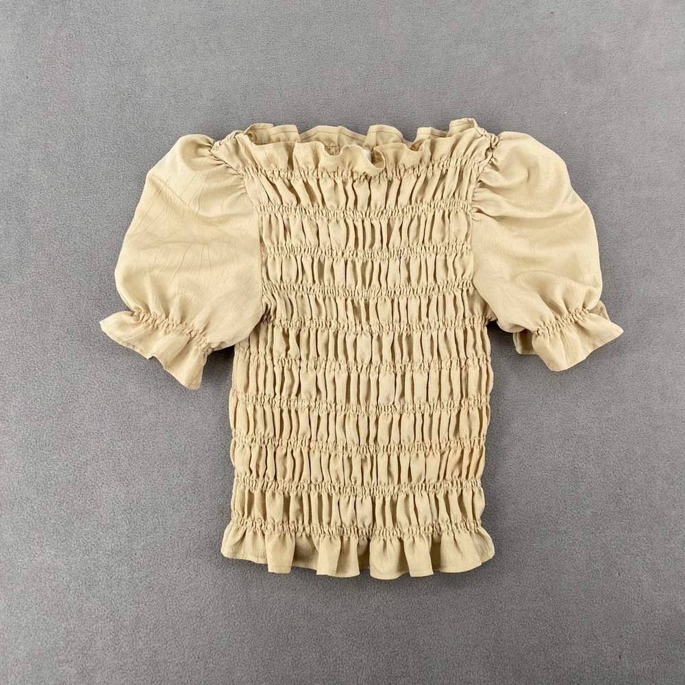 HM Smocked Puff Sleeve Top Beige Tan Square Neck Ruffle Trim Blouse XS